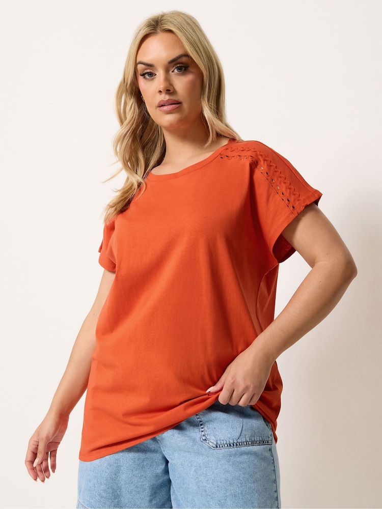Yours Curve Orange Ric Rac Insert T-Shirt - Image 1 of 4 Yours Curve Orange Ric Rac Insert T-Shirt - Image 1 of 4