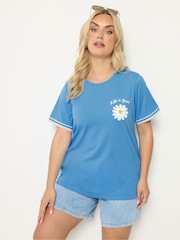 Yours Curve Blue Varsity Trim T-Shirt - Image 1 of 5