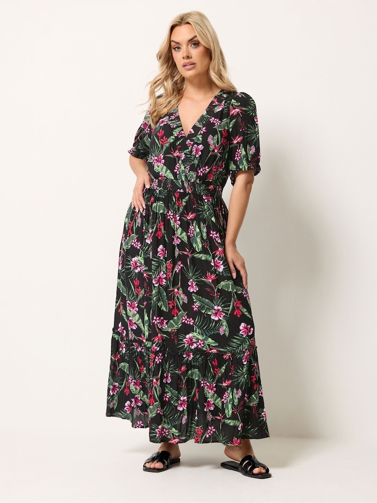 Yours Curve Black Shirred Neck Maxi Dress - Image 2 of 5 Yours Curve Black Shirred Neck Maxi Dress - Image 2 of 5