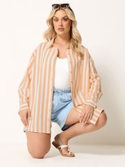 Yours Curve Orange Long Sleeve Linen Blend Stripe Shirt - Image 1 of 6