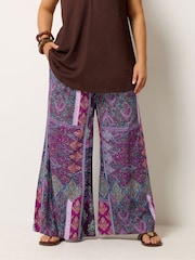 Yours Curve Purple Shirred Waist Wide Leg Trousers - Image 1 of 6