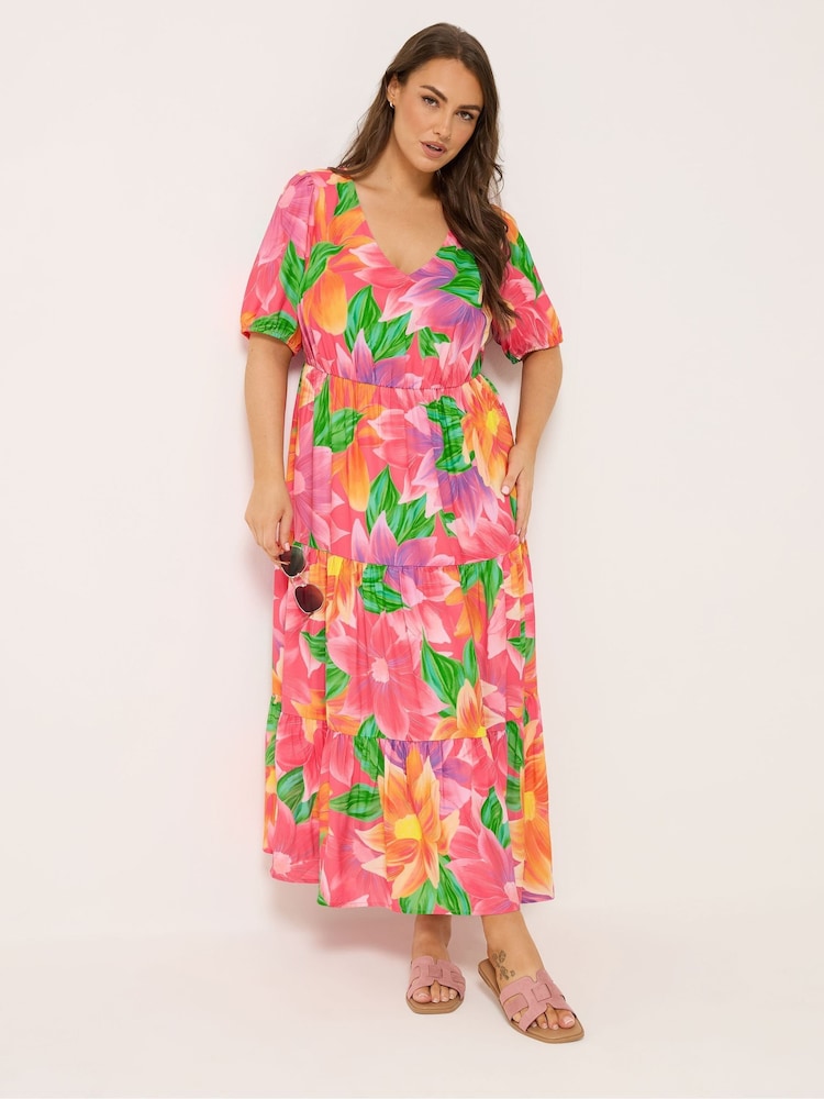 Yours Curve Pink Tiered Maxi Floral Dress - Image 2 of 5 Yours Curve Pink Tiered Maxi Floral Dress - Image 2 of 5