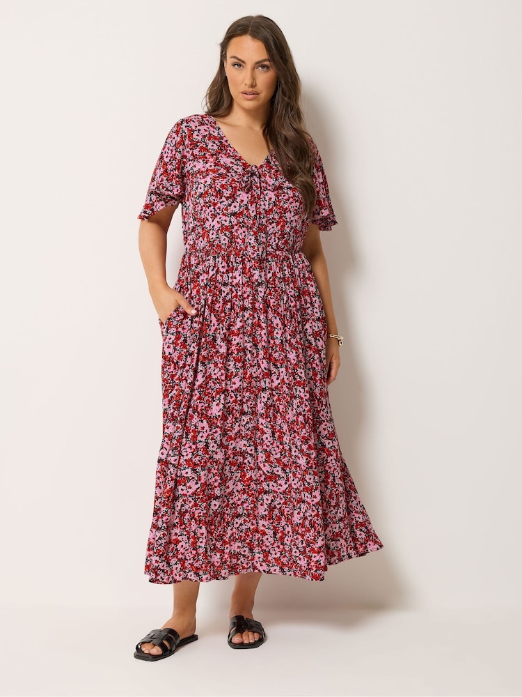 Yours Curve Pink Smock Crinkle Maxi Dress - Image 1 of 5 Yours Curve Pink Smock Crinkle Maxi Dress - Image 1 of 5