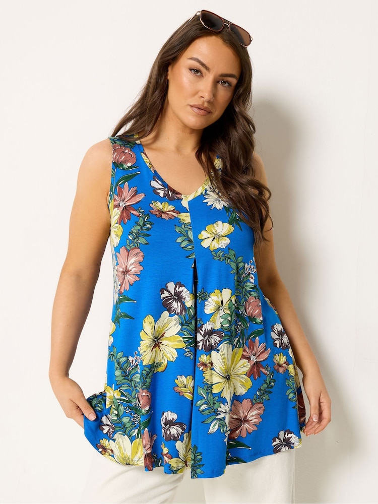 Yours Curve Blue Pleated Front Vest Top - Image 1 of 5