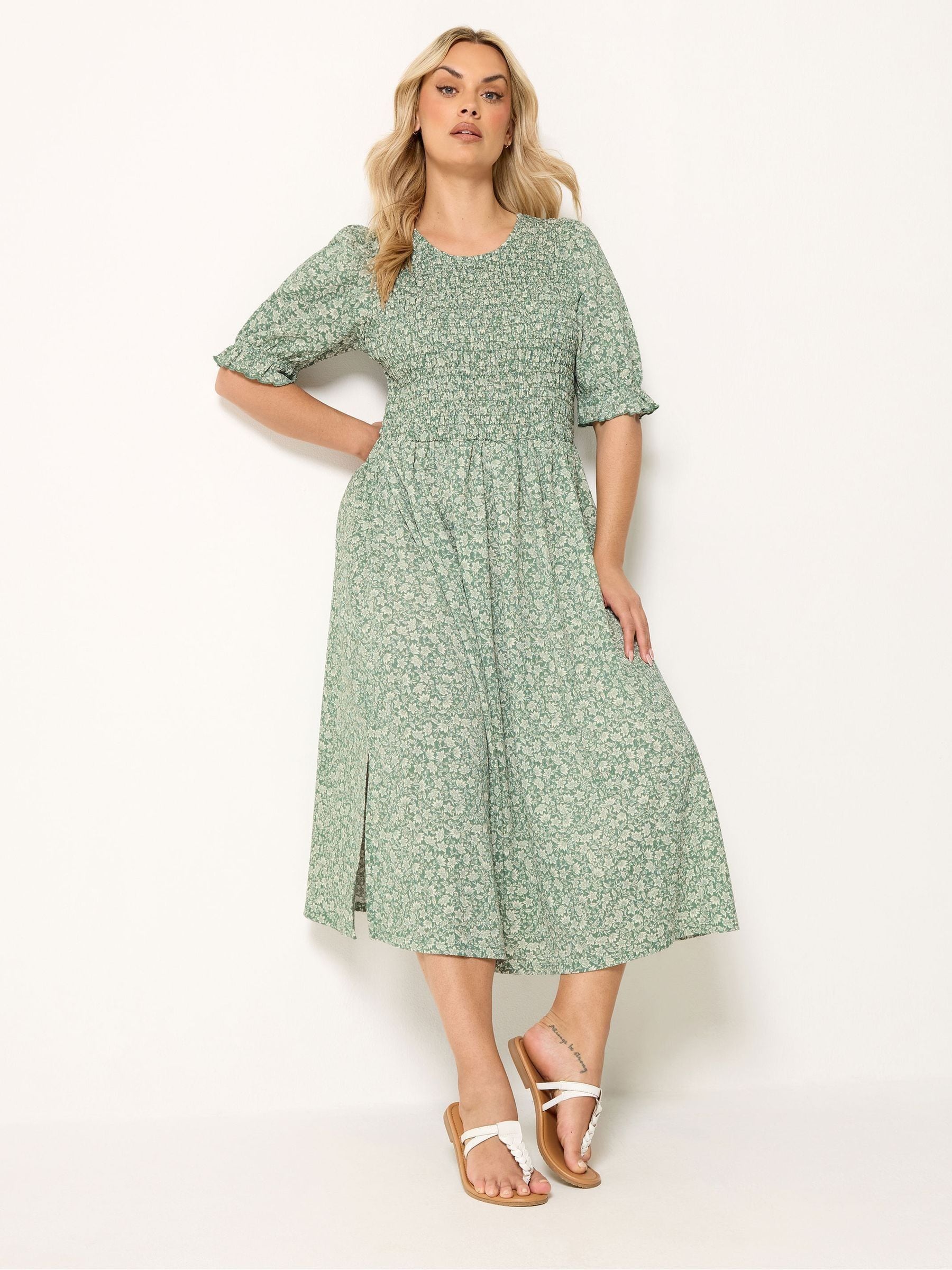 Yours Curve Women's Green Shirred Puff Sleeve Dress