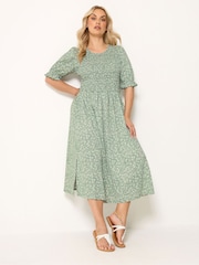 Yours Curve Green Shirred Puff Sleeve Dress - Image 1 of 5