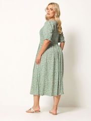 Yours Curve Green Shirred Puff Sleeve Dress - Image 2 of 5