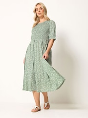 Yours Curve Green Shirred Puff Sleeve Dress - Image 3 of 5