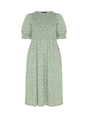 Yours Curve Green Shirred Puff Sleeve Dress - Image 5 of 5