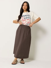 PixieGirl Petite Brown Poplin Shirred Midi Skirt - Image 1 of 5
