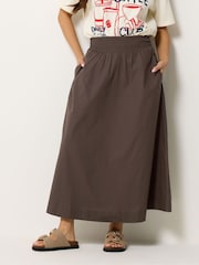 PixieGirl Petite Brown Poplin Shirred Midi Skirt - Image 2 of 5