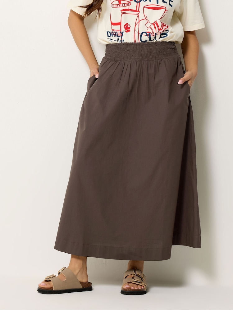 PixieGirl Petite Brown Poplin Shirred Midi Skirt - Image 2 of 5 PixieGirl Petite Brown Poplin Shirred Midi Skirt - Image 2 of 5