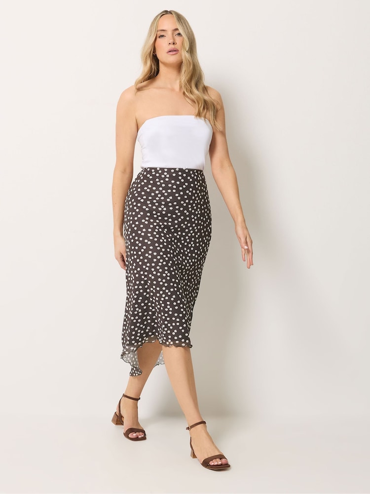 Long Tall Sally Brown Spot Print Mesh Asymmetric Skirt - Image 1 of 6 Long Tall Sally Brown Spot Print Mesh Asymmetric Skirt - Image 1 of 6