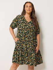 Yours Curve Black Tiered Smock Dress - Image 1 of 5