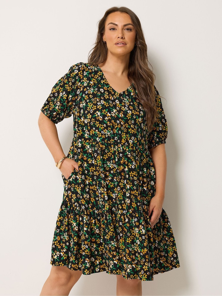 Yours Curve Black Tiered Smock Dress - Image 1 of 5 Yours Curve Black Tiered Smock Dress - Image 1 of 5
