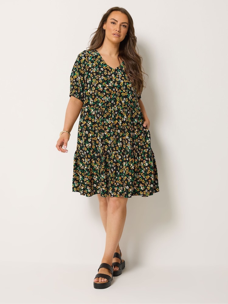 Yours Curve Black Tiered Smock Dress - Image 2 of 5 Yours Curve Black Tiered Smock Dress - Image 2 of 5