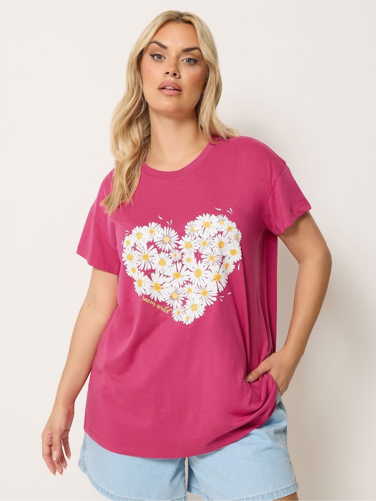 Yours Curve Pink Placement Print Core T-Shirt - Image 1 of 5