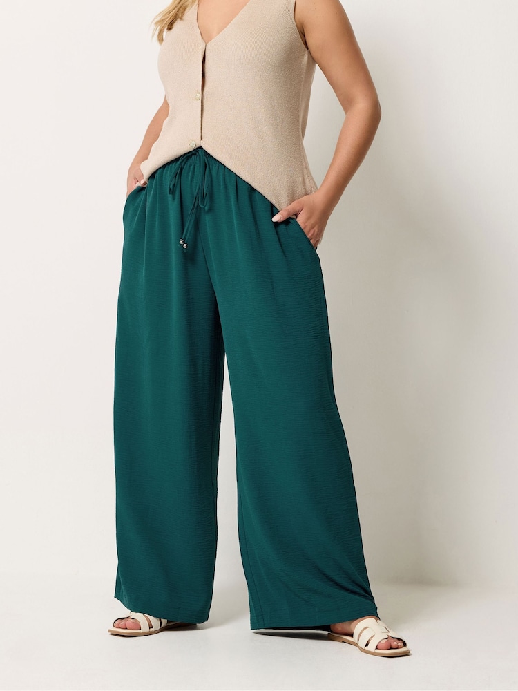 Yours Curve Green Washed Twill Wide Leg Trousers - Image 1 of 5