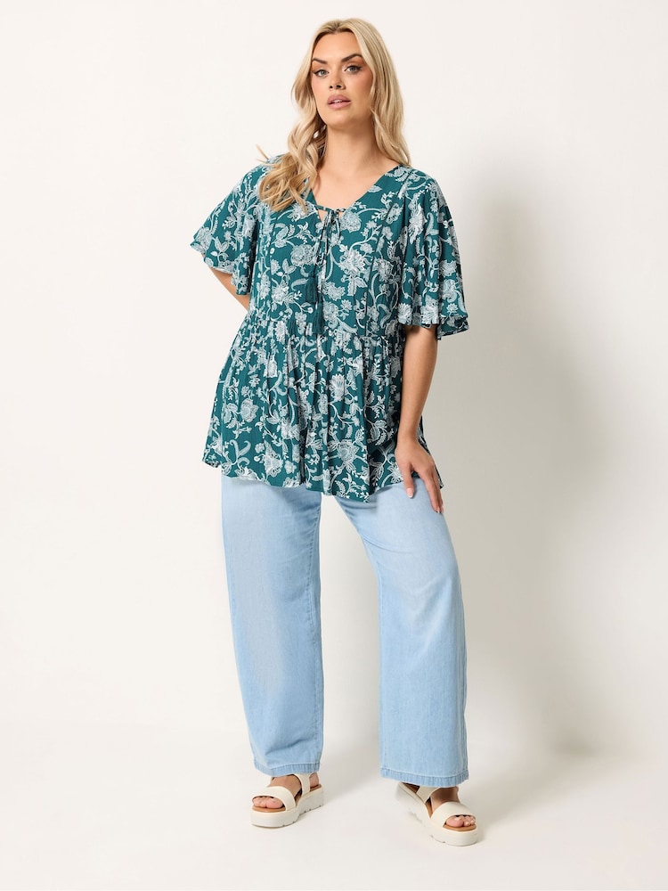 Yours Curve Green Tie Neck Blouse - Image 2 of 5 Yours Curve Green Tie Neck Blouse - Image 2 of 5