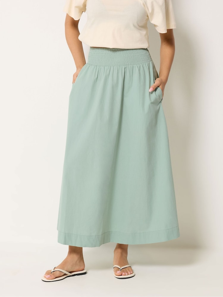 PixieGirl Petite Green Poplin Shirred Midi Skirt - Image 2 of 5 PixieGirl Petite Green Poplin Shirred Midi Skirt - Image 2 of 5
