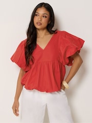PixieGirl Petite Red Puff Sleeve Hem Blouse - Image 1 of 5