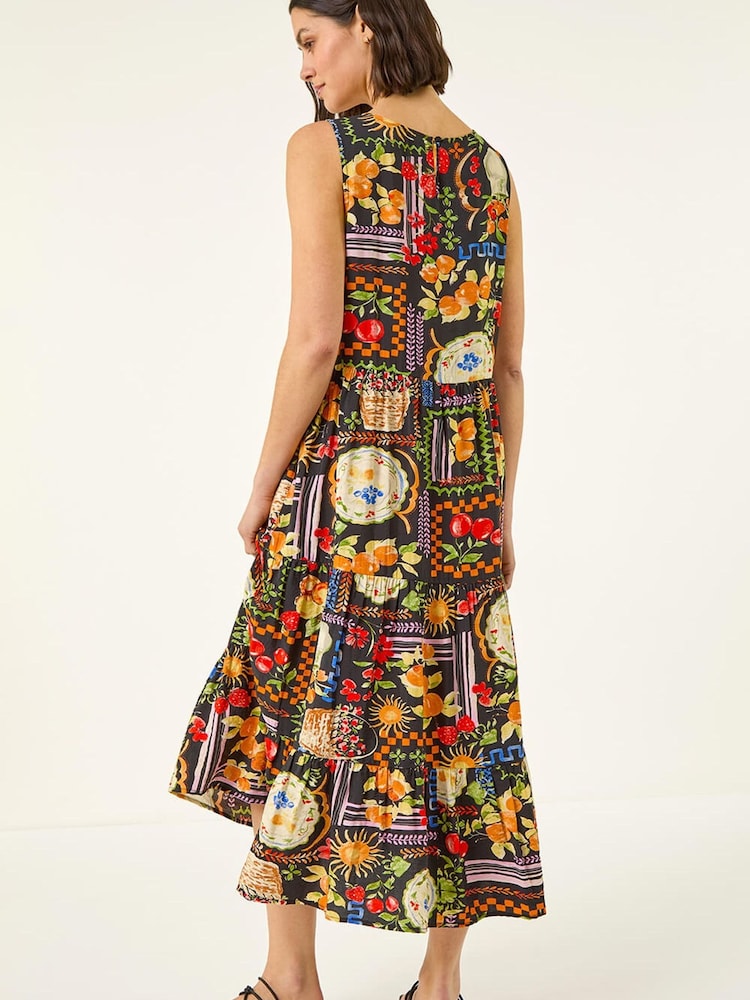 Negro - Roman Fruit Print Tiered Midi Dress - Imagen 2 de 5