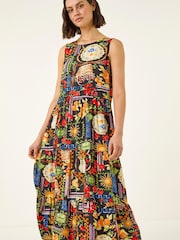 Negro - Roman Fruit Print Tiered Midi Dress - Imagen 3 de 5