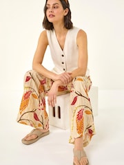 Roman Orange Textured Leaf Print Metallic Trousers - Image 1 of 5