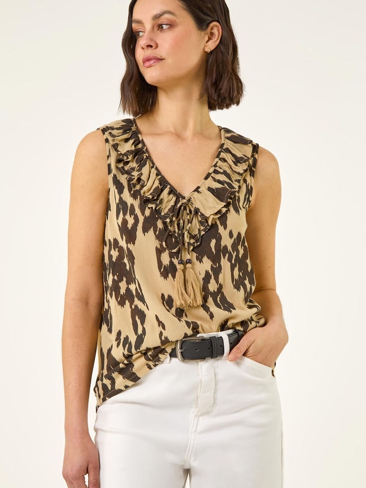 Roman Black Abstract Print Frill Tie Front Top - Image 1 of 5