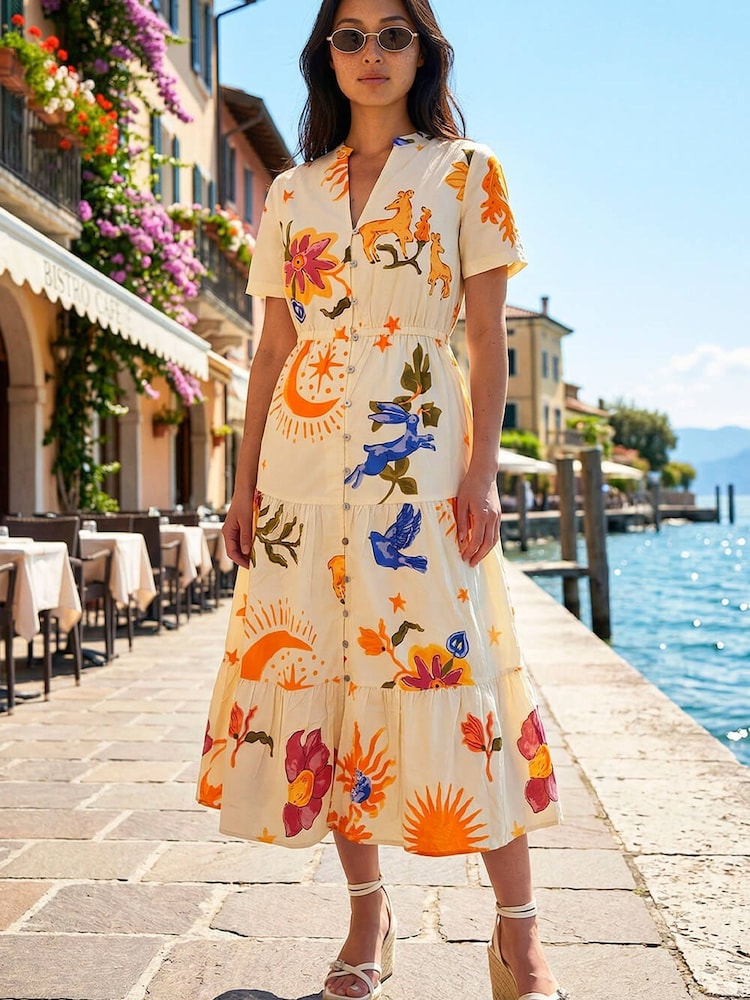 Roman Petite Sunburst Print Tiered Dress - Image 1 of 4 Roman Petite Sunburst Print Tiered Dress - Image 1 of 4