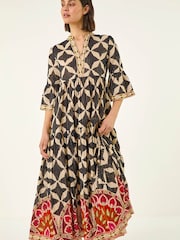 Roman Black Abstract Print Boho Maxi Dress - Image 3 of 5