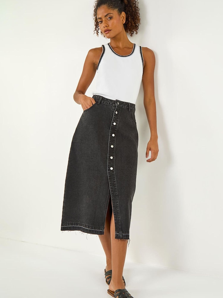 Roman Black Denim Button Skirt - Image 1 of 5 Roman Black Denim Button Skirt - Image 1 of 5