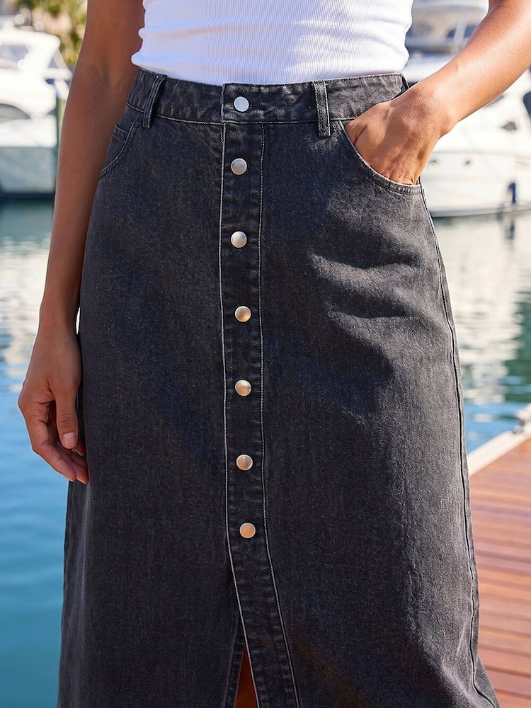 Roman Black Denim Button Skirt - Image 4 of 4 Roman Black Denim Button Skirt - Image 4 of 4