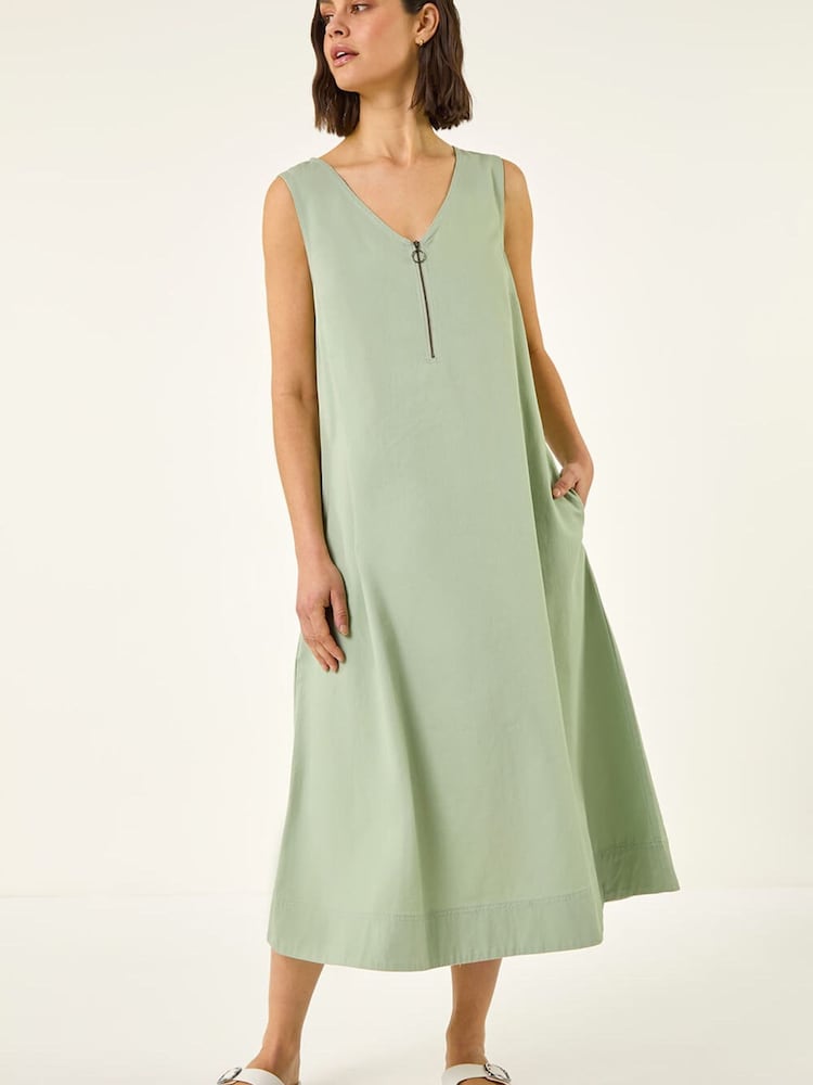 Roman Green Zip Front Sleeveless Midi Dress - Image 1 of 5