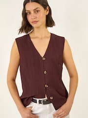 Roman Brown Crinkle Button Front Blouse - Image 1 of 5