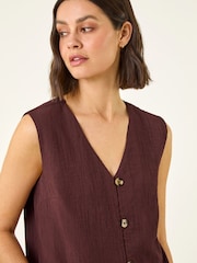 Roman Brown Crinkle Button Front Blouse - Image 4 of 5