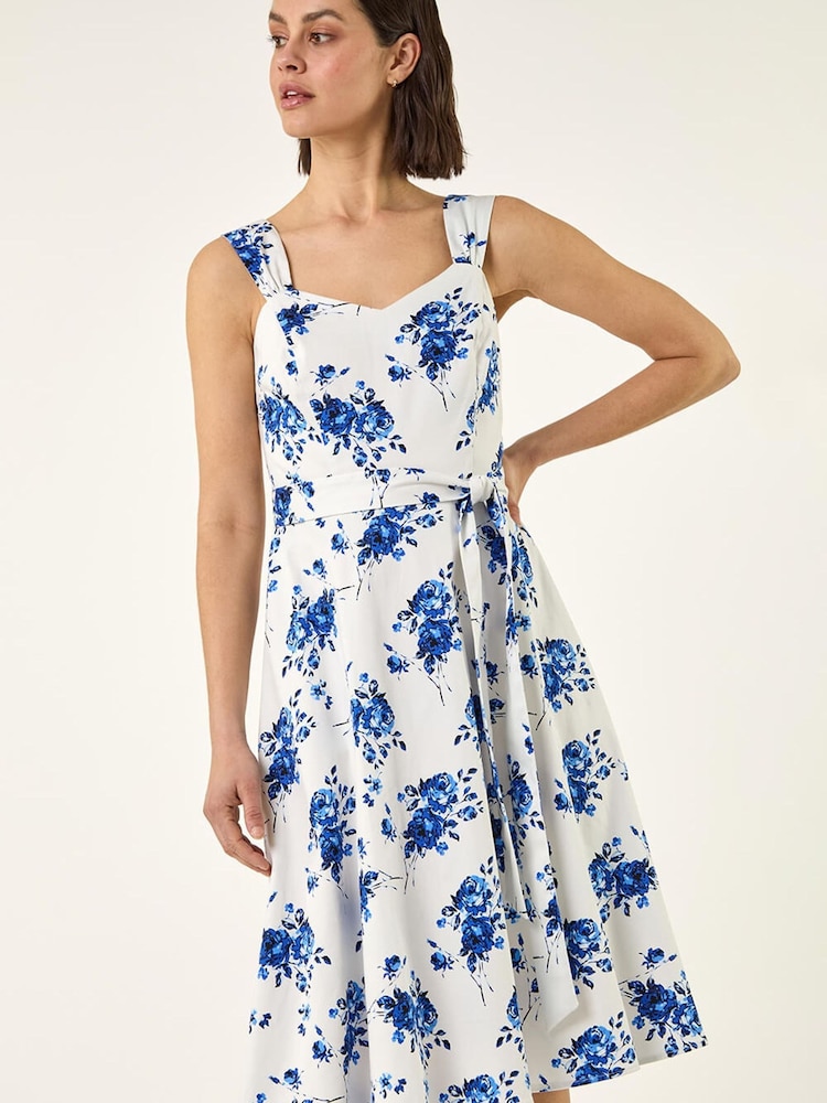 Roman Blue Floral Tie Waist Dress - Image 1 of 5