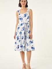 Roman Blue Floral Tie Waist Dress - Image 2 of 5