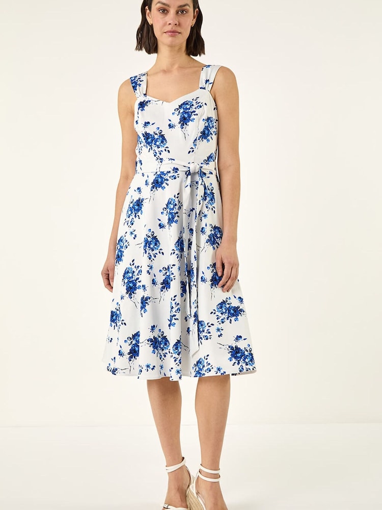 Roman Blue Floral Tie Waist Dress - Image 2 of 5