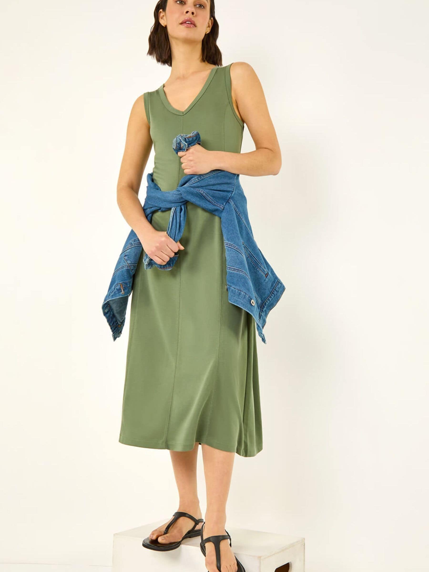 Roman Women's Khaki Sleeveless V-Neck Midi Dress In | : Size 18 - Image 2
