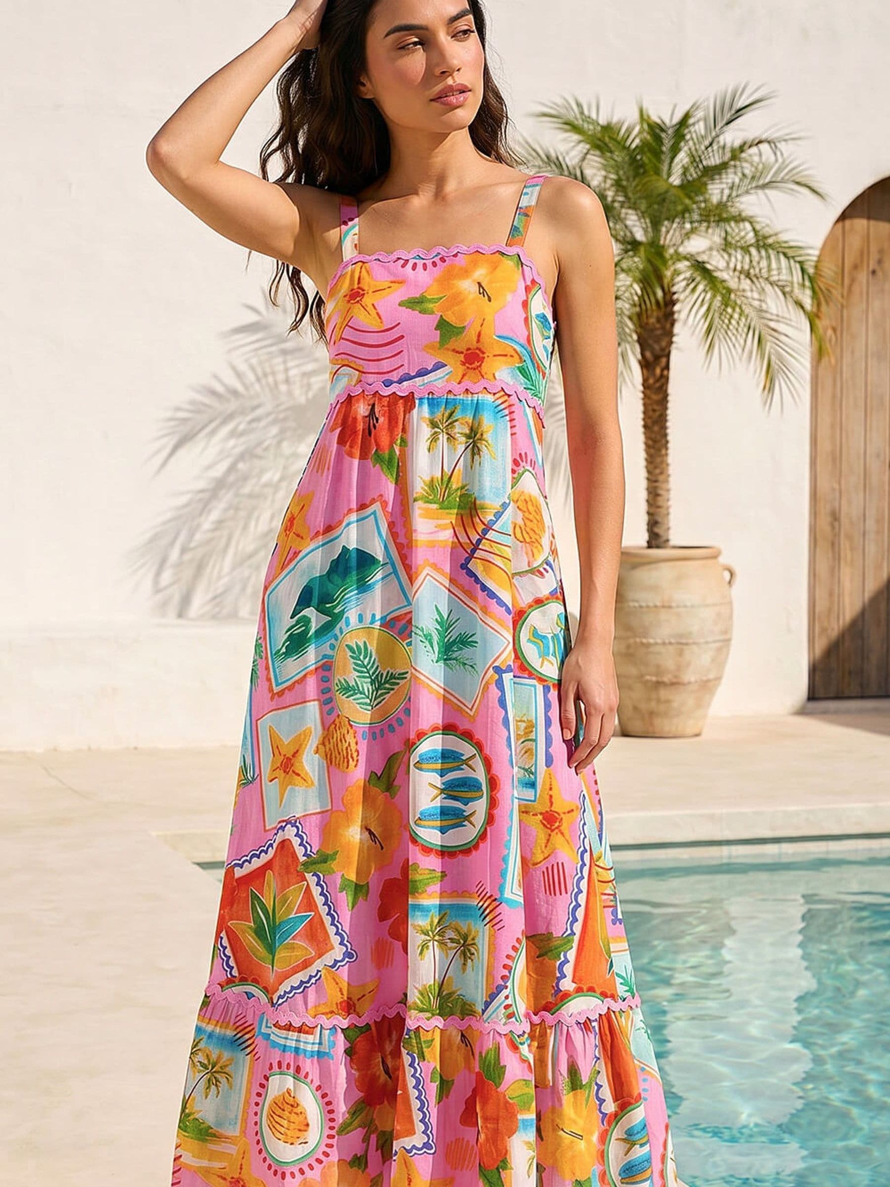 Roman Women's Pink Postcard Print Ric Rac Maxi Dress In Size 14 - Image 4