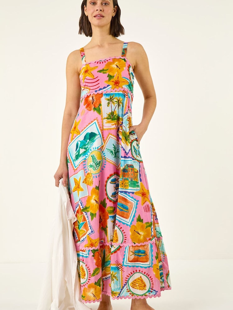 Roman Pink Postcard Print Ric Rac Maxi Dress - Image 2 of 5 Roman Pink Postcard Print Ric Rac Maxi Dress - Image 2 of 5