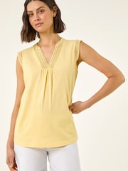 Roman Yellow Lace Trim Tie V-Neck Top - Image 2 of 5