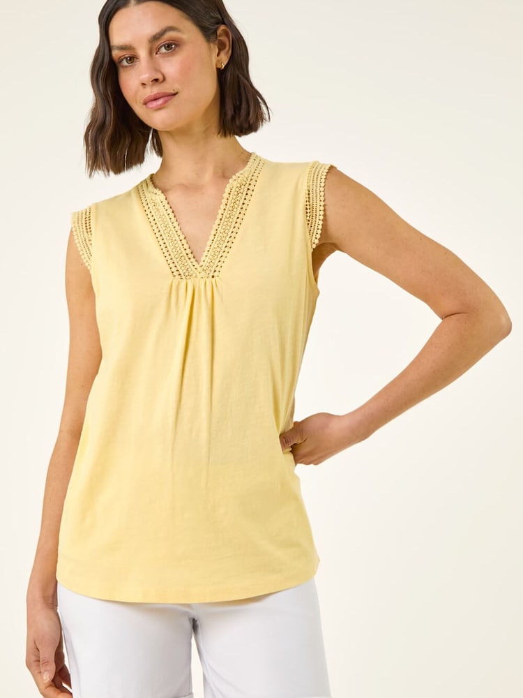 Roman Yellow Lace Trim Tie V-Neck Top - Image 2 of 5