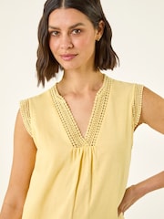 Roman Yellow Lace Trim Tie V-Neck Top - Image 4 of 5