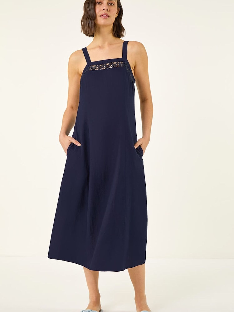 Roman Blue Linen Blend Lace Trim Midi Dress - Image 1 of 5