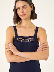 Roman Blue Linen Blend Lace Trim Midi Dress - Image 4 of 5