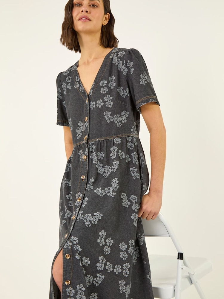 Чорний - Roman Floral Denim Shirt Dress - Image 1 of 5