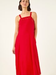 Roman Red Linen Blend Lace Trim Midi Dress - Image 1 of 5