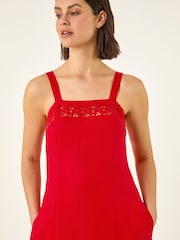 Roman Red Linen Blend Lace Trim Midi Dress - Image 4 of 5